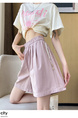 Real Shot Embroidered Button A-Line Shorts in Lavender - Women's Summer High Waist Slim Wide Leg Pants Sports Casual Versatile Elastic Waist Pants