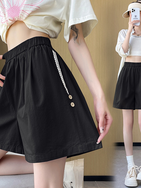 Real Shot Embroidered Button A-Line Shorts in Black - Women's Summer High Waist Slim Wide Leg Pants Sports Casual Versatile Elastic Waist Pants