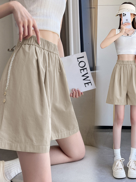 Real Shot Embroidered Button A-Line Shorts in Beige - Women's Summer High Waist Slim Wide Leg Pants Sports Casual Versatile Elastic Waist Pants
