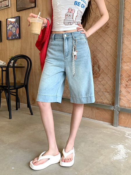 Real Shot Cost-Effective Summer New Fifth Jeans - Women's Retro Washed Light Blue Loose Straight Casual Pirate Shorts