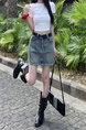 Real Shot Cost-Effective American Retro Hot Girl Embroidered Light Blue Denim Skirt - Women's High Waist Slimming A-Line Skirt with Lining