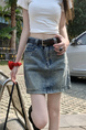 Real Shot Cost-Effective American Retro Hot Girl Embroidered Light Blue Denim Skirt - Women's High Waist Slimming A-Line Skirt with Lining