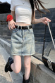 Real Shot Cost-Effective American Retro Hot Girl Embroidered Light Blue Denim Skirt - Women's High Waist Slimming A-Line Skirt with Lining