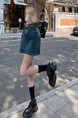 In Stock Spring and Summer New Plus Size Raw Edge Dark Blue Denim Short Skirt - Women's High Waist Petite All-Matching A-Line Skirt