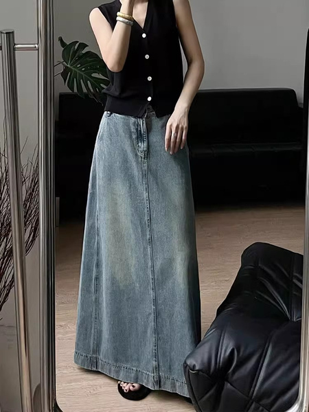 In Stock Plus Size Spring New Slimming Retro Raw Edge Light Blue Denim Skirt - Women's High Waist Loose A-Line Dress