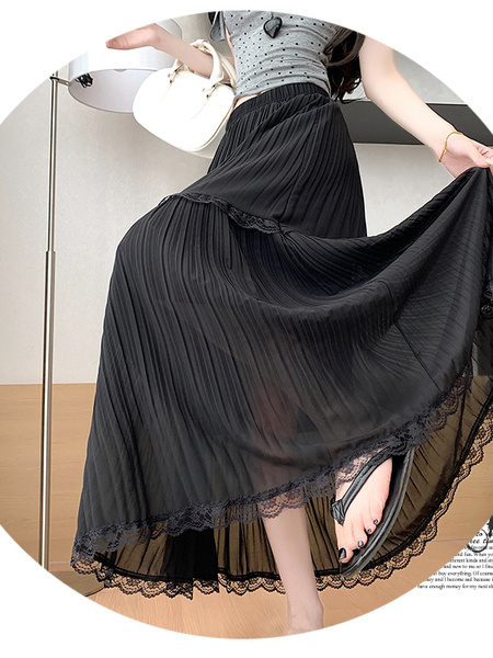 Black Lace Half-Length Pleated Skirt – Women's Summer Elegance