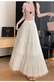 Beige Summer Lace Half-Length Skirt – Women's High Waist A-Line Umbrella Skirt with Large Pleats
