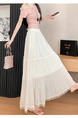 Beige Summer Lace Half-Length Skirt – Women's High Waist A-Line Umbrella Skirt with Large Pleats