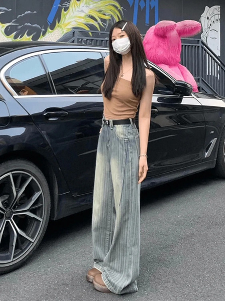 Large Size Fat MM American Retro Striped Wide-Leg Jeans in Blue and Beige for Women Korean Version Loose Straight Mopping Drape Denim Trousers