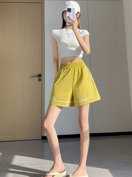 Real Shot of Ice Silk Quick-Drying Sports Shorts for Women in Mustard Yellow 2025 Summer High Waist Lace Stitching Slim A-Line Shorts Trend