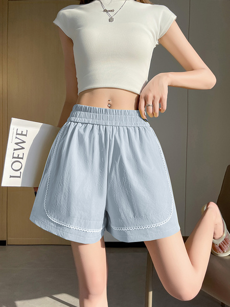 Real Shot of Ice Silk Quick-Drying Sports Shorts for Women in Light Blue 2025 Summer High Waist Lace Stitching Slim A-Line Shorts Trend