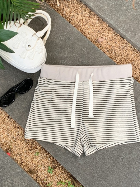 Real Shot and Real Price: Loose Striped Drawstring Casual Knitted Shorts in Beige and Black for Women