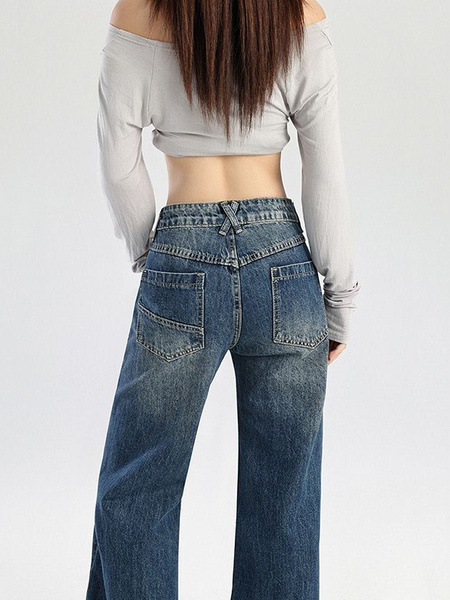 American Retro Washed Stitching High Waist Wide Leg Jeans for Women in Dark Blue - Autumn and Winter Loose Slim All-Match Drape Trousers