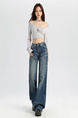 American Retro Washed Stitching High Waist Wide Leg Jeans for Women in Dark Blue - Autumn and Winter Loose Slim All-Match Drape Trousers