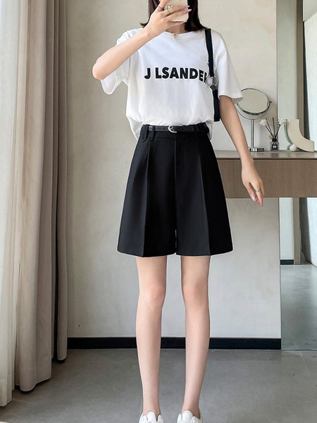 Real Shot Spot – 2024 Summer New High Waist Suit Shorts in Black – Ice Silk A-Line Wide Leg Casual Pants for Women