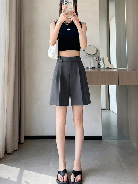 Real Shot Spot – 2024 Summer New High Waist Suit Shorts in Gray – Ice Silk A-Line Wide Leg Casual Pants for Women