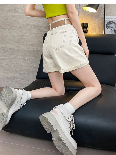 Trendy Brand Hot Style Recommendation – Thin Denim Shorts for Women in Cream – High Waist Loose Crotch-Covering Design