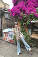 New Elastic Flared Denim Trousers for Women in Light Wash Blue