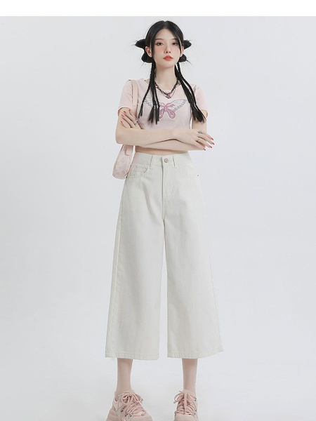 New Lazy Style Cropped Jeans for Women in Cream