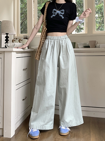 Korean Pure Cotton Summer All-Match Light Green Wide-Leg Pants
