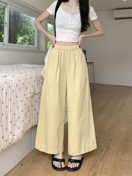 Korean Pure Cotton Summer All-Match Pale Yellow Wide-Leg Pants