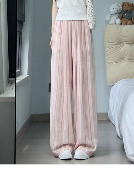 Pink and White Striped Cotton and Linen Wide-Leg Pants for Women - Summer Thin 2025 New High Waist Drape Linen Casual Vertical Stripes