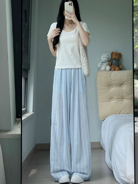Light Blue Cotton and Linen Wide-Leg Pants for Women - Summer Thin 2025 New High Waist Drape Linen Casual Vertical Stripes