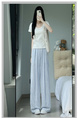 Light Blue Cotton and Linen Wide-Leg Pants for Women - Summer Thin 2025 New High Waist Drape Linen Casual Vertical Stripes