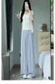 Light Blue Cotton and Linen Wide-Leg Pants for Women - Summer Thin 2025 New High Waist Drape Linen Casual Vertical Stripes