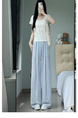 Light Blue Cotton and Linen Wide-Leg Pants for Women - Summer Thin 2025 New High Waist Drape Linen Casual Vertical Stripes
