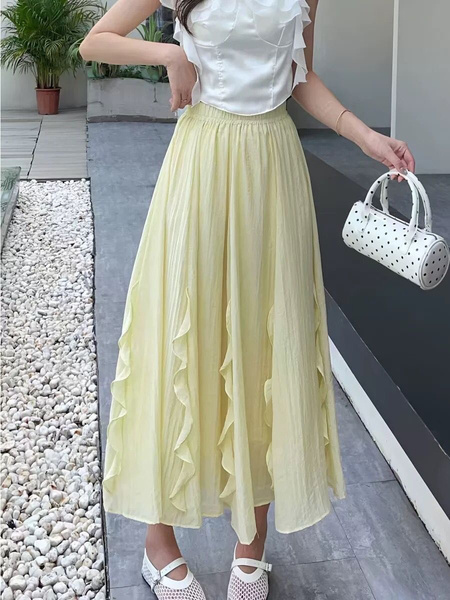 Light Yellow Ruffle Skirt - Women's Summer High Waist Slimming Cover Cross Lace Big Swing Skirt