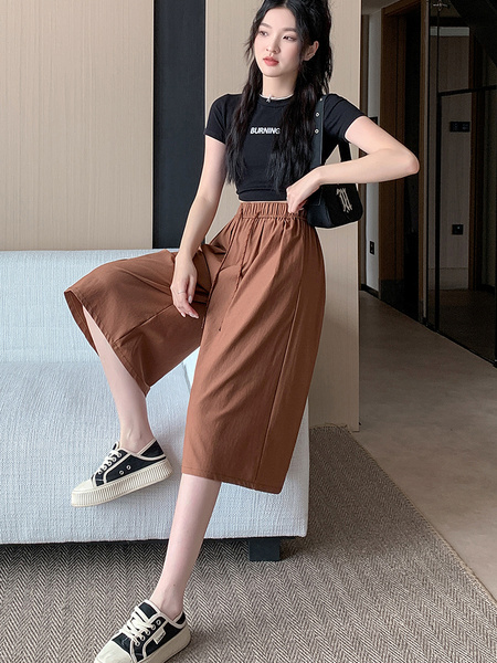 Real Shot of New Summer Women's Korean Style Elastic Waist Slim Medium-Length Wide-Leg Pants Skirt in Dark Brown