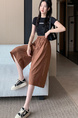 Real Shot of New Summer Women's Korean Style Elastic Waist Slim Medium-Length Wide-Leg Pants Skirt in Dark Brown