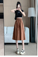 Real Shot of New Summer Women's Korean Style Elastic Waist Slim Medium-Length Wide-Leg Pants Skirt in Dark Brown
