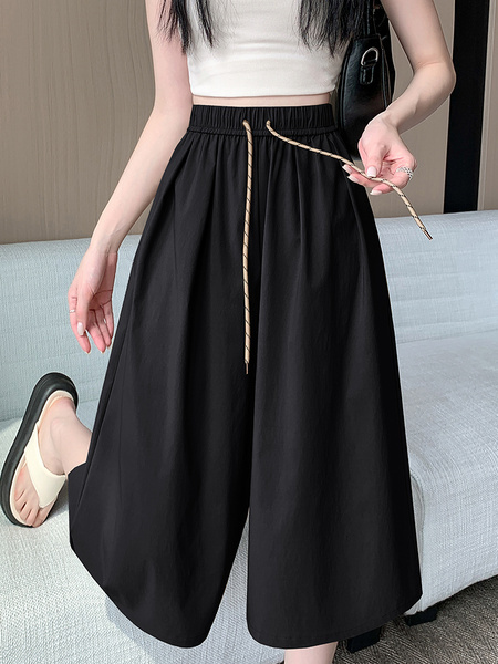 Real Shot of New Summer Women's Korean Style Elastic Waist Slim Medium-Length Wide-Leg Pants Skirt in Black