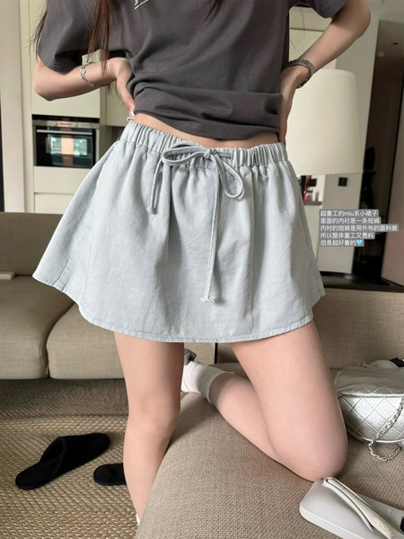MIU Series Sports Short Skirt Pants Women's Summer New Elastic Waist Small Umbrella Skirt High Waist A-Line Skirt in Light Blue