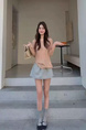 MIU Series Sports Short Skirt Pants Women's Summer New Elastic Waist Small Umbrella Skirt High Waist A-Line Skirt in Light Blue