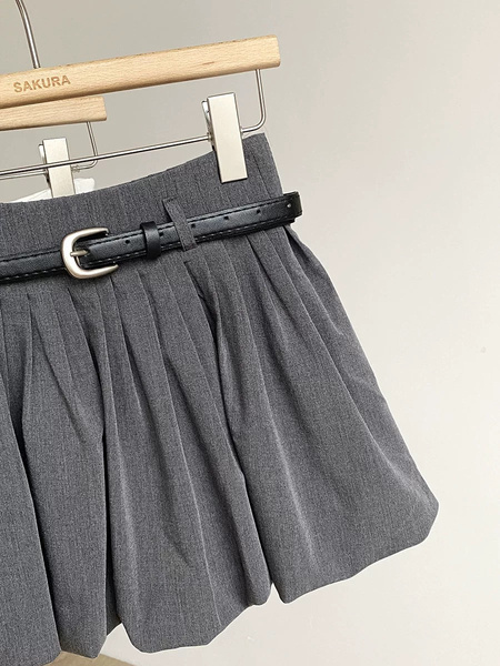 Summer New Korean Style Sweet Age-Reducing All-Match Flower Bud Skirt Women's High Waist Slim A-Line Skirt with Belt in Gray