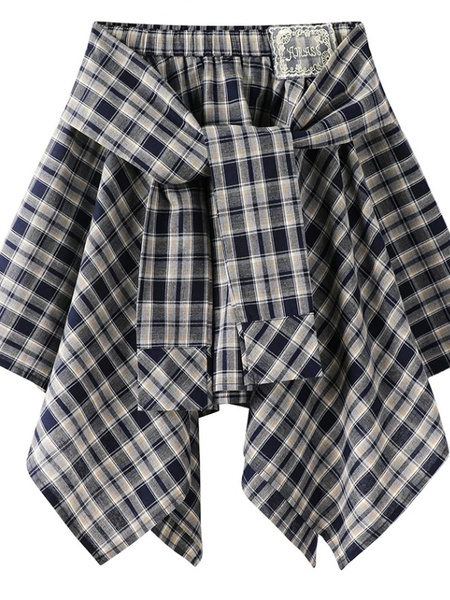 Korean Design Irregular Plaid Skirt Women's Spring and Summer New Fashionable Hot Girl Skirt Casual College Short in Navy Blue and Beige