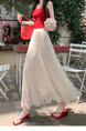 Real Shot of French Mesh Skirt for Women - Summer 2025 New High Waist Slim Drape A-Line Long Skirt Pleated Skirt in Cream
