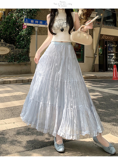 Real Shot of French Mesh Skirt for Women - Summer 2025 New High Waist Slim Drape A-Line Long Skirt Pleated Skirt in Light Blue