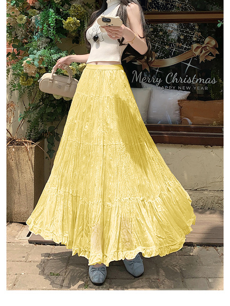 Real Shot of French Mesh Skirt for Women - Summer 2025 New High Waist Slim Drape A-Line Long Skirt Pleated Skirt in Lemon Yellow