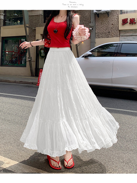 Real Shot of French Mesh Skirt for Women - Summer 2025 New High Waist Slim Drape A-Line Long Skirt Pleated Skirt in White