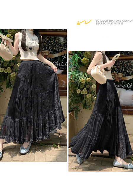Real Shot of French Mesh Skirt for Women - Summer 2025 New High Waist Slim Drape A-Line Long Skirt Pleated Skirt in Black