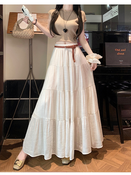 Real Shot Cotton and Linen Cake Skirt Women's Summer 2025 New Korean Version A-Line Skirt High Waist Long Skirt Belt - Cream White