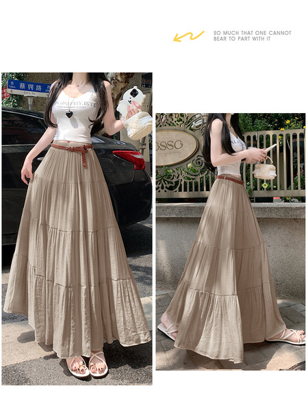 Real Shot Cotton and Linen Cake Skirt Women's Summer 2025 New Korean Version A-Line Skirt High Waist Long Skirt Belt - Beige