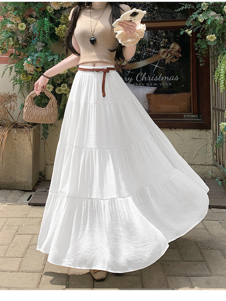 Real Shot Cotton and Linen Cake Skirt Women's Summer 2025 New Korean Version A-Line Skirt High Waist Long Skirt Belt - White