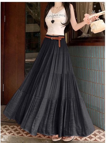 Real Shot Cotton and Linen Cake Skirt Women's Summer 2025 New Korean Version A-Line Skirt High Waist Long Skirt Belt - Charcoal Black