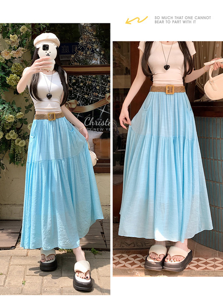 Real Shot Cotton and Linen Skirt for Women in Summer 2025 New Korean Style Pocket Cake Skirt Mid-Length Swing Skirt - Sky Blue