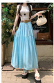 Real Shot Cotton and Linen Skirt for Women in Summer 2025 New Korean Style Pocket Cake Skirt Mid-Length Swing Skirt - Sky Blue
